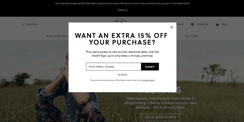 j crew exit intent popup
