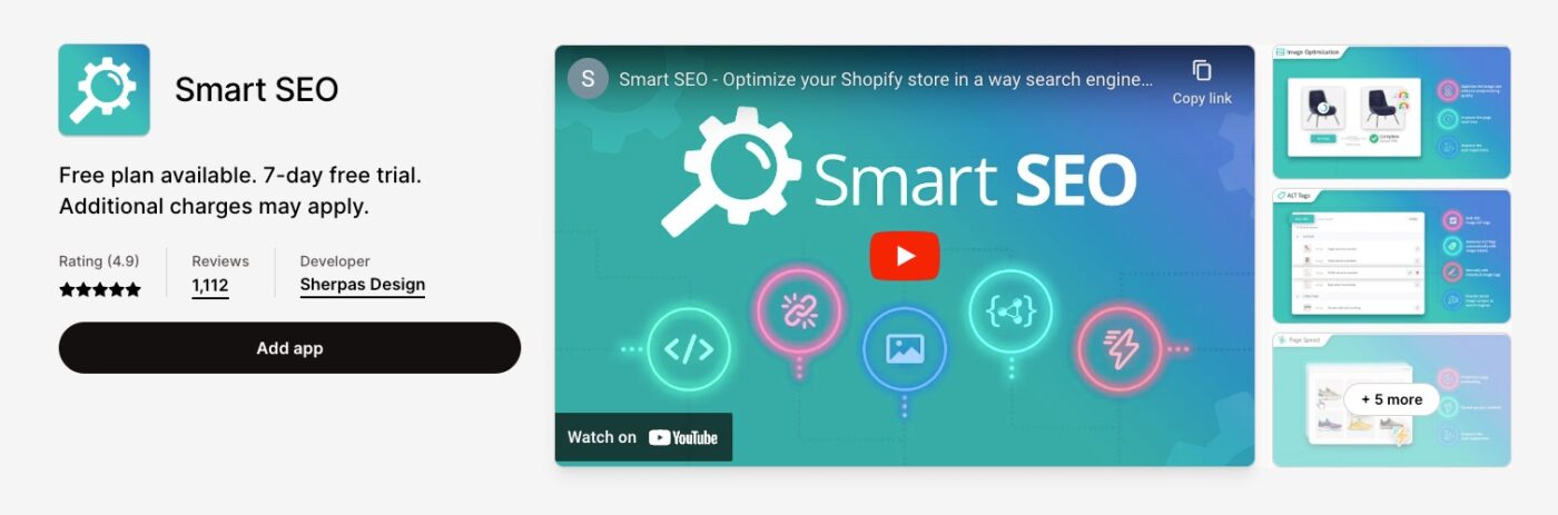 8 SEO Tips to Use on Shopify to Attract More Customers and Make More Sales 10 Smart Seo Seo Page Speed Image Optimization Json Ld Shopify App Store 2023 02 02 At 9.52.38 Am