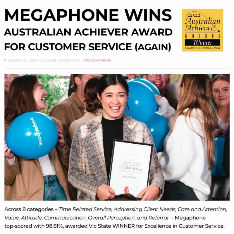 Megaphone WINS 2023 Australian Achiever Award for Excellence in Customer Service 2 Option1 Aus Achiever Award Pr Ad
