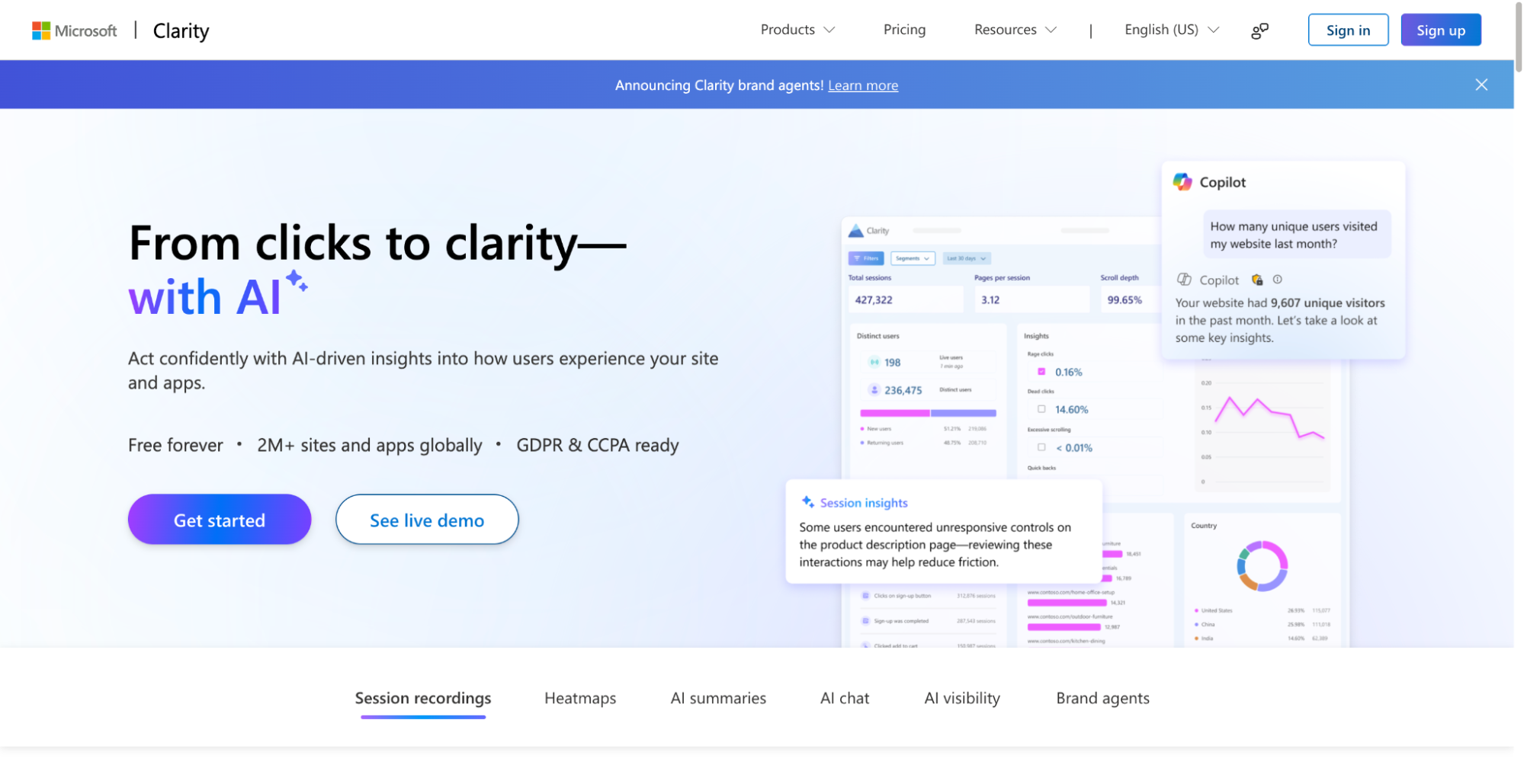 Microsoft Clarity interface showing heatmaps, session recordings, and an AI chat popup summarizing data.