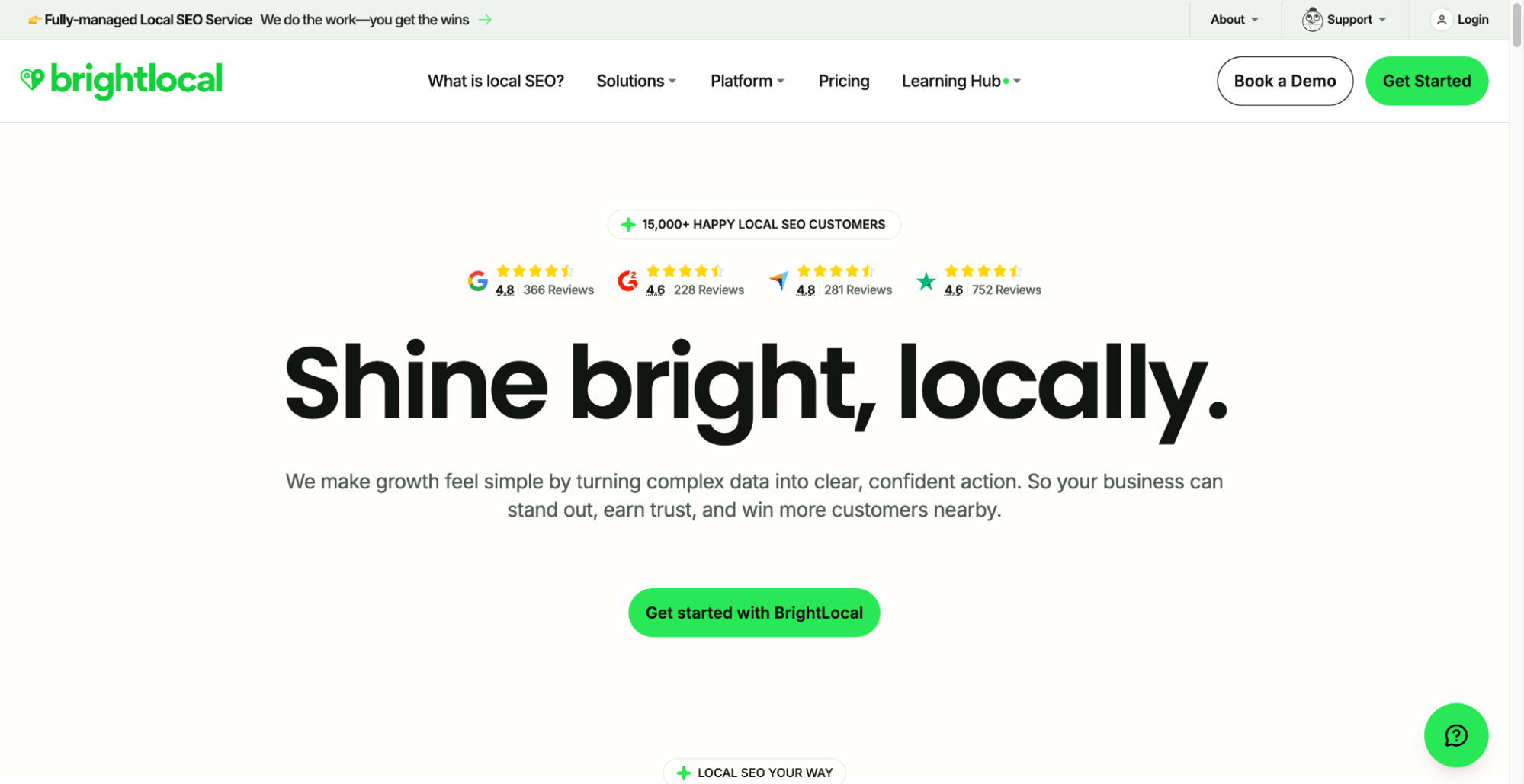 BrightLocal homepage showing a 5-star customer review rating and a green "Get started" button.