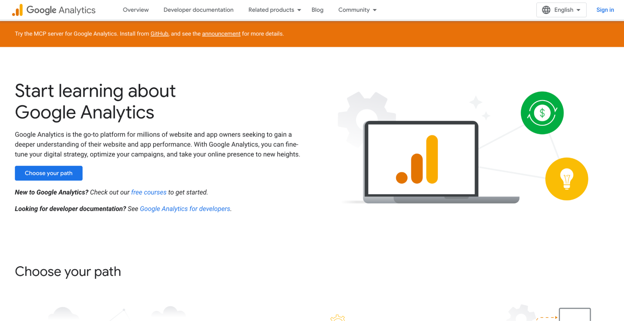 Google Analytics "Start learning" landing page with a laptop and floating icons on a white background.
