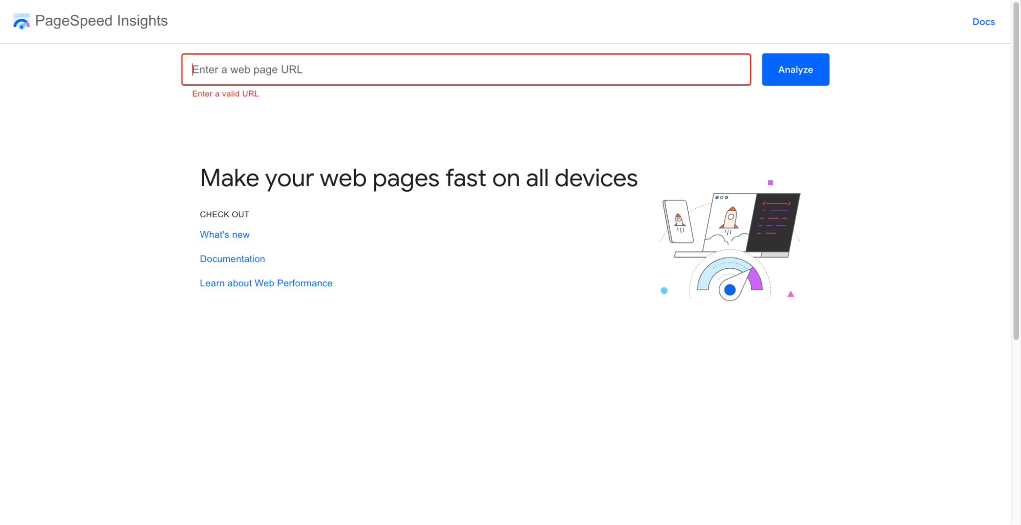 Google PageSpeed Insights page with a red search bar to analyze web page loading speed on all devices.