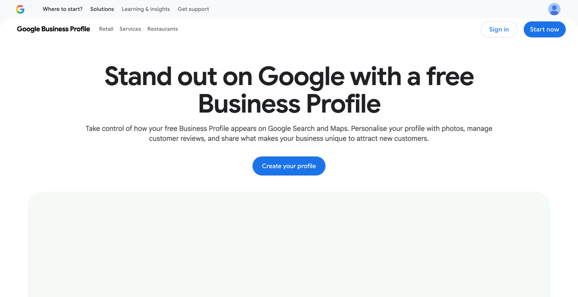 Google Business Profile creation page with a blue "Create your profile" button centered on screen