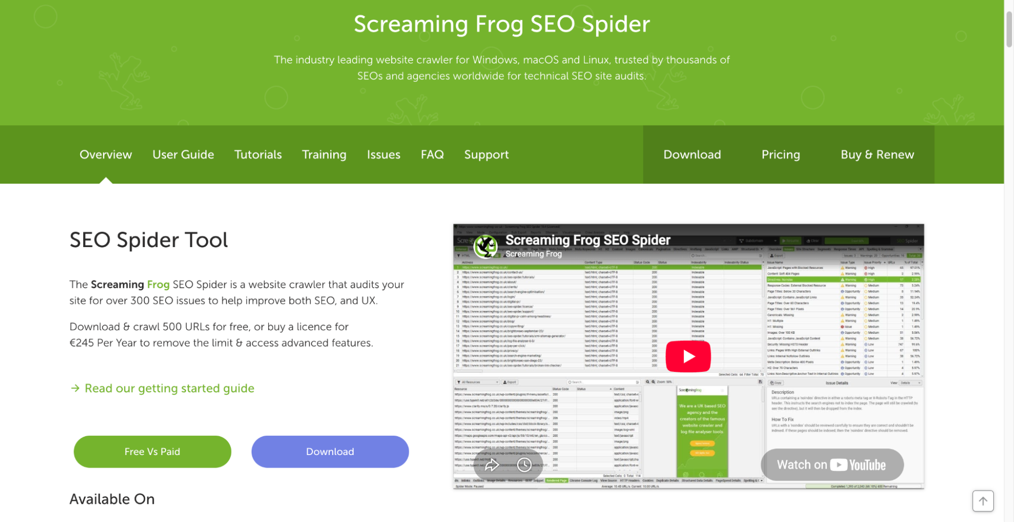 Screaming Frog SEO Spider download page featuring a video tutorial on auditing technical website SEO.