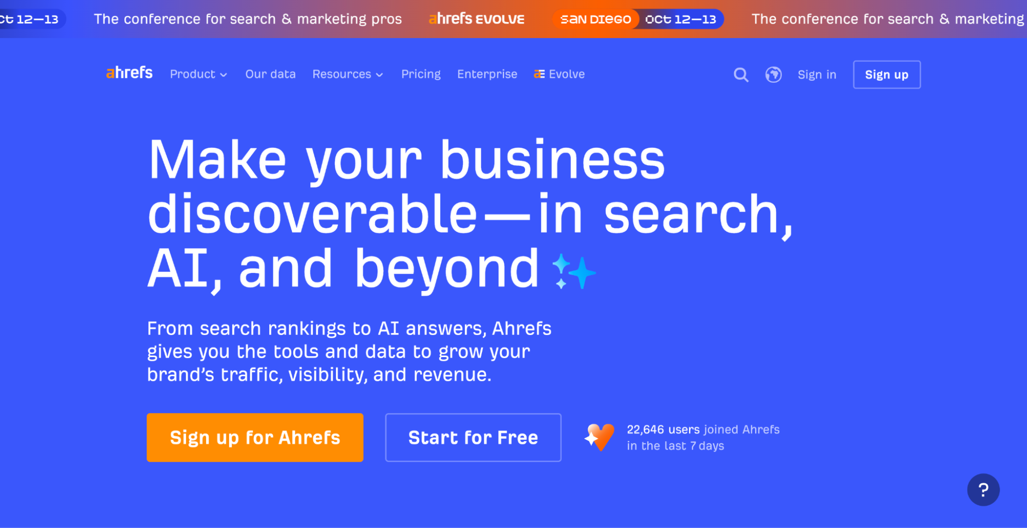 Ahrefs homepage with white text on a blue background offering tools to grow search traffic and visibility.