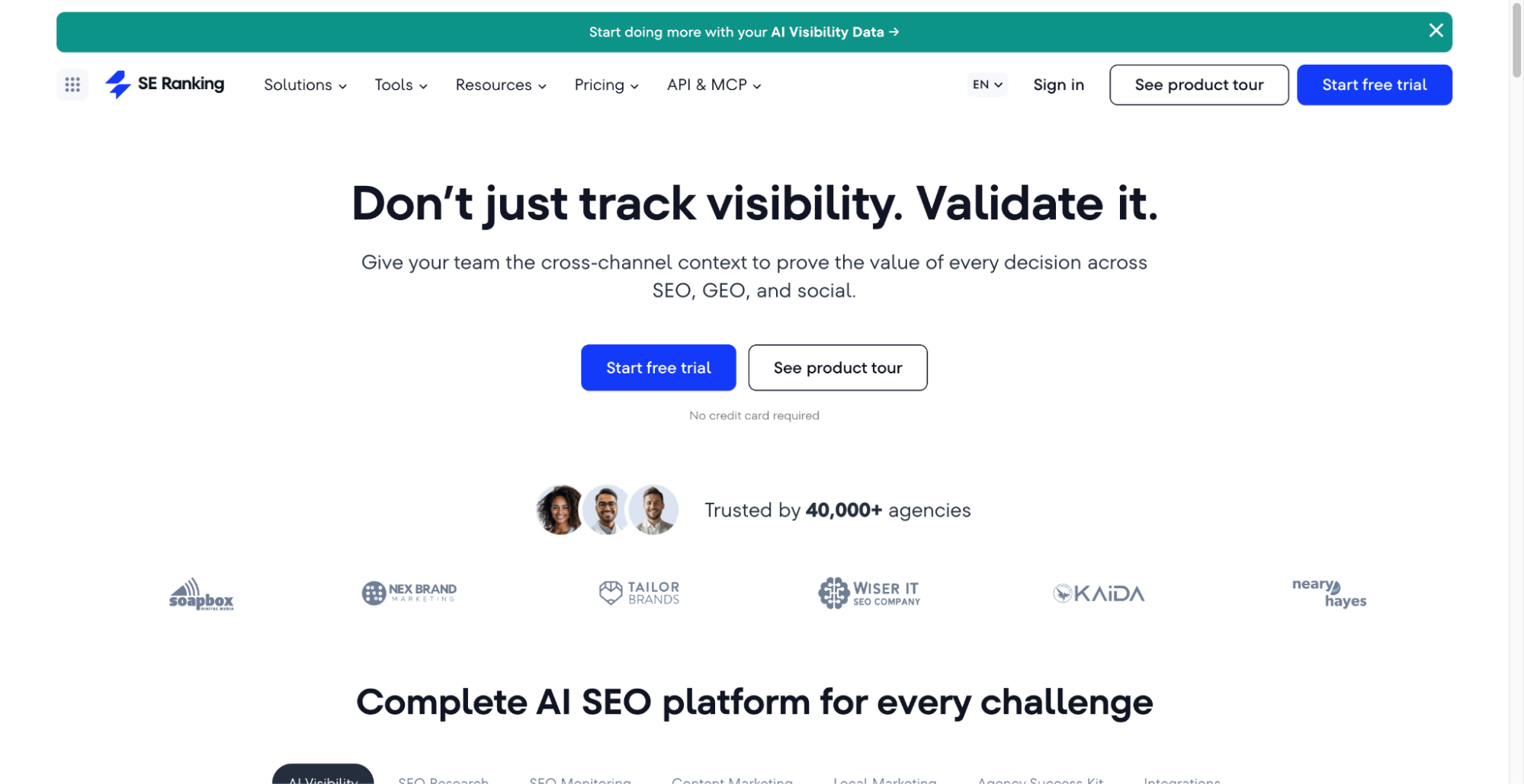 SE Ranking homepage featuring client logos and a blue "Start free trial" button on a white background.