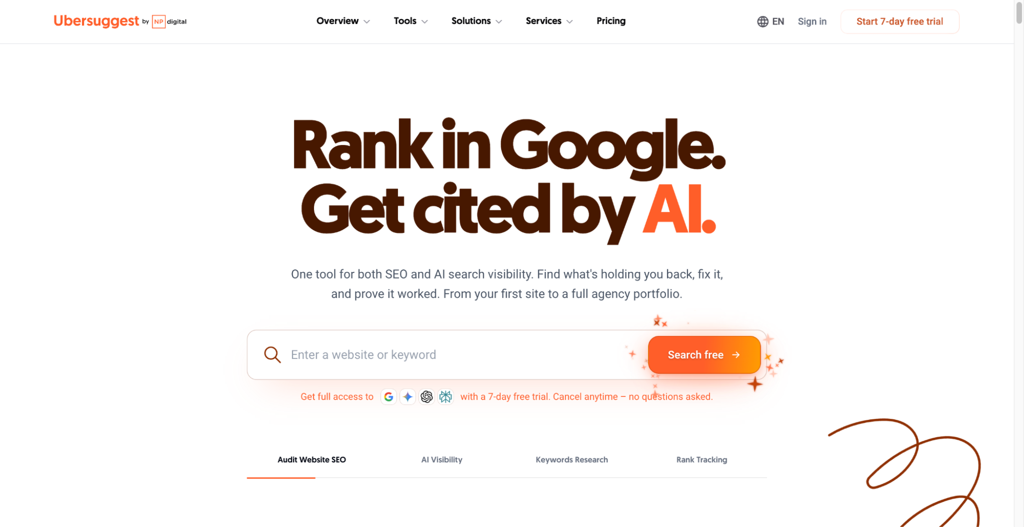 Ubersuggest search bar interface with orange text reading "Rank in Google. Get cited by AI."