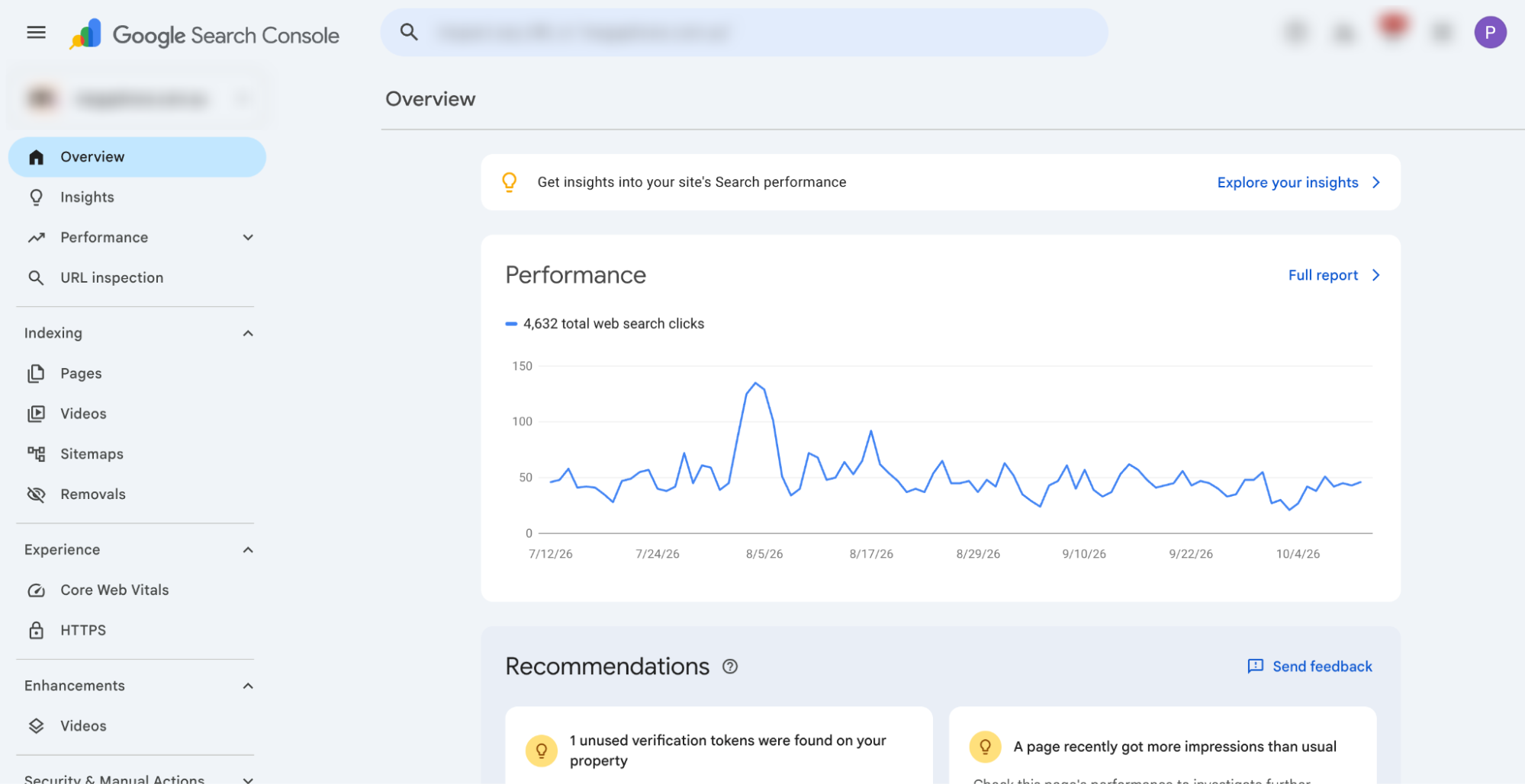 Google Search Console overview dashboard showing a blue line graph of web search clicks over time.