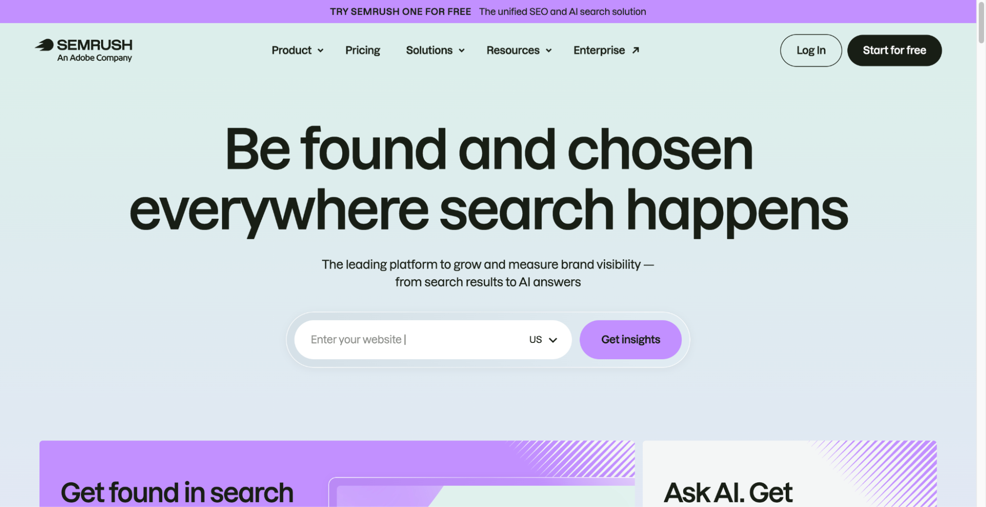 Semrush homepage asking for a website URL to get search insights and measure brand visibility.