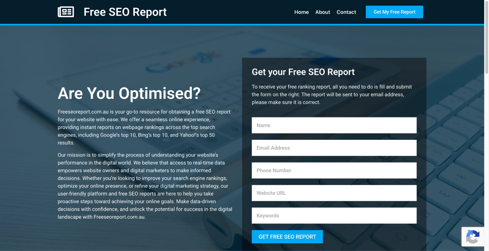 Free SEO Report form asking for name, email, phone, website URL, and keywords on a blue background.