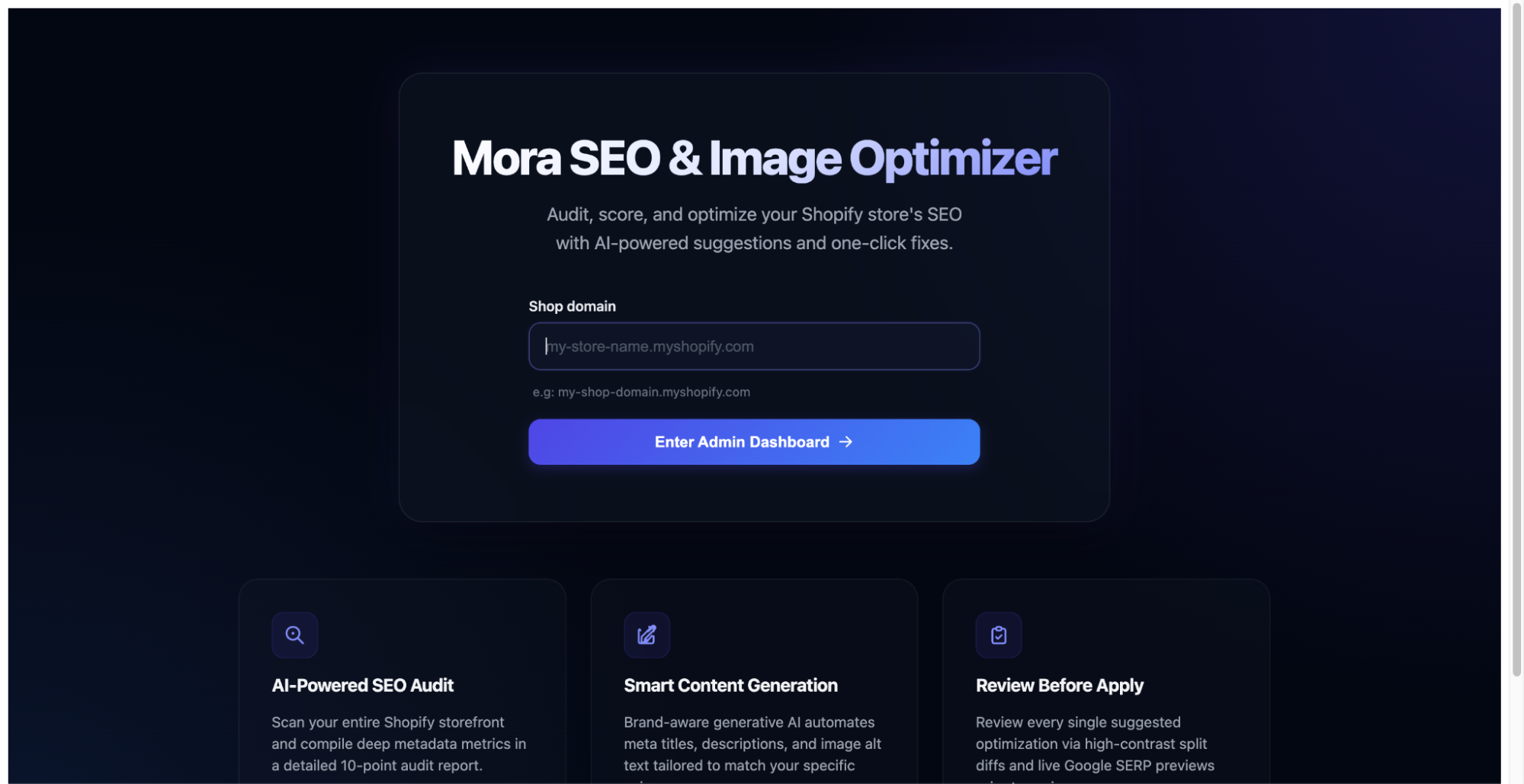 Mora SEO & Image Optimizer Shopify interface with a domain search bar and AI audit tools on dark mode.