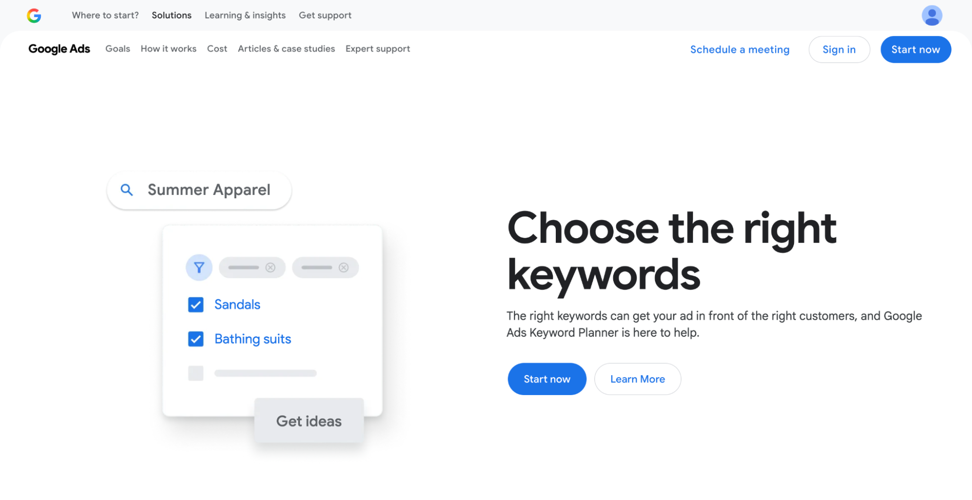 Google Ads Keyword Planner interface showing a search for "Summer Apparel" with filter options.