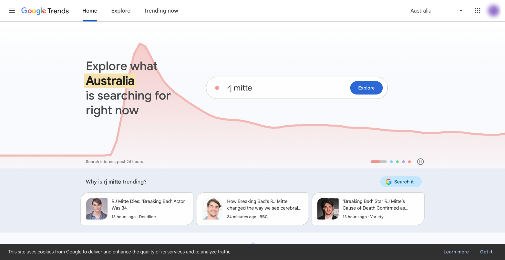 Google Trends dashboard displaying a red line chart for search interest in Australia over past 24 hours.